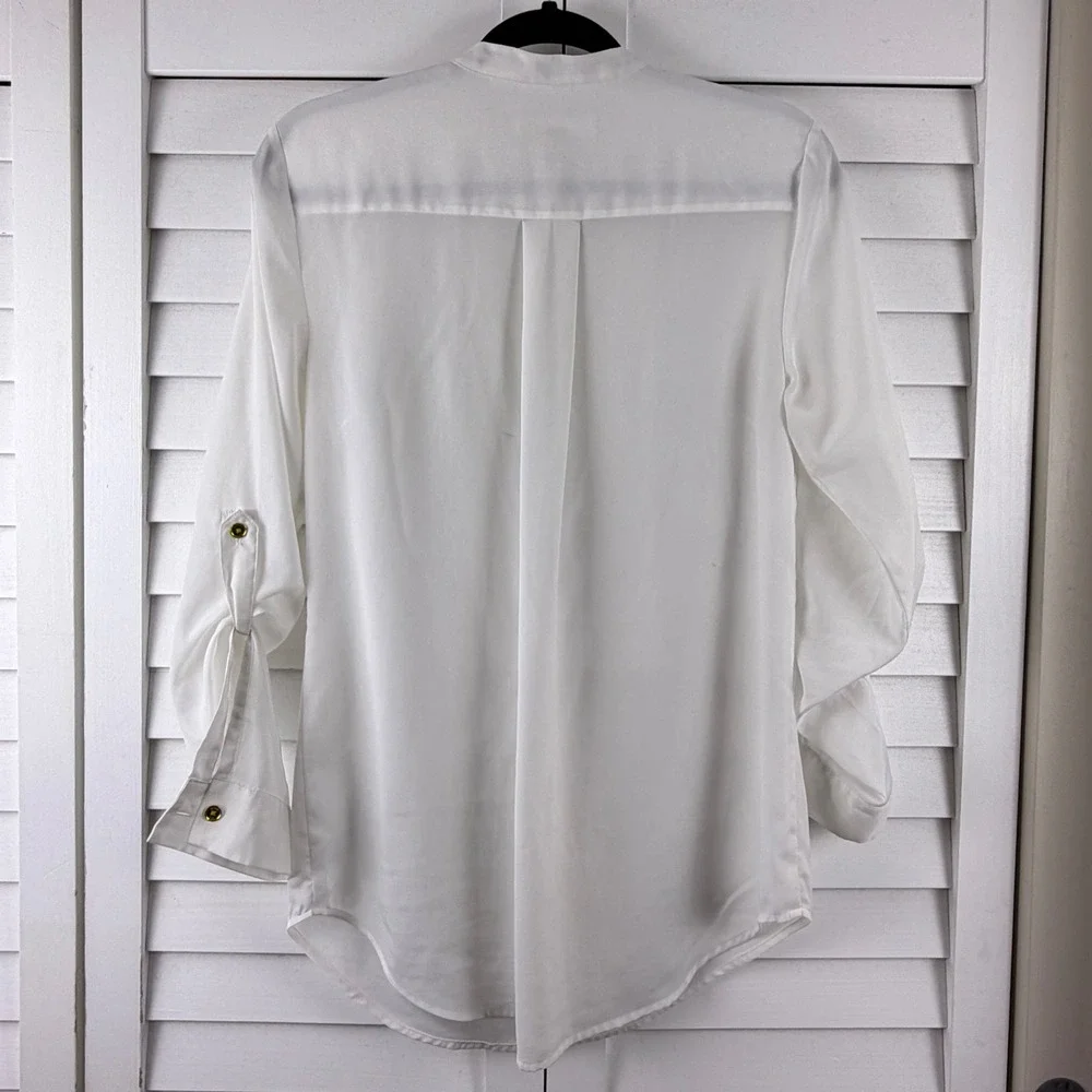 Michael‎ Kors Pleated Zip Front Blouse Womens S White Roll Tab Sleeve